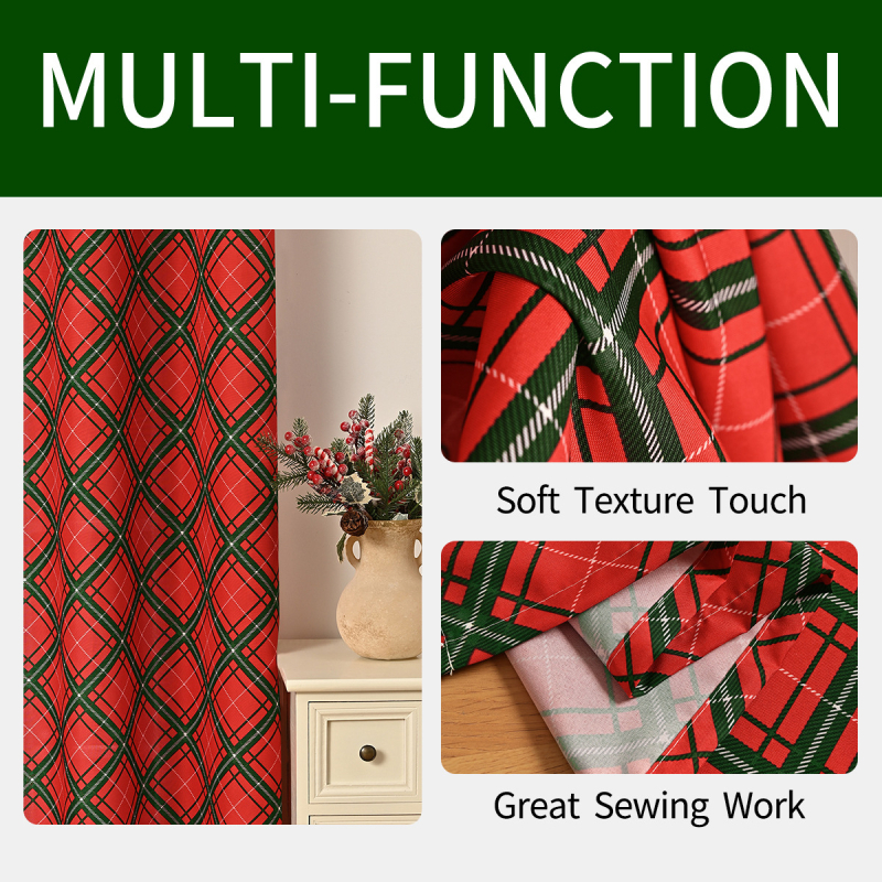 Kalėdinės spausdintos svetainės užuolaidos su perforacijomis, blackout, poliesteris, paruoštos naudoti, dalinis šešėliavimas 40–70%