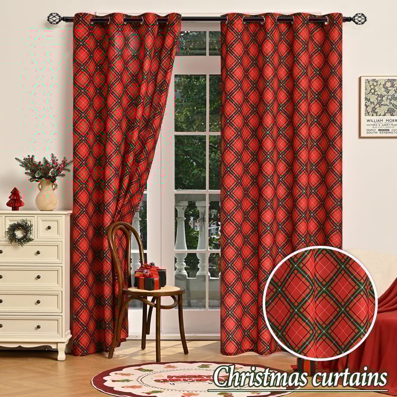 Kalėdinės spausdintos svetainės užuolaidos su perforacijomis, blackout, poliesteris, paruoštos naudoti, dalinis šešėliavimas 40–70%