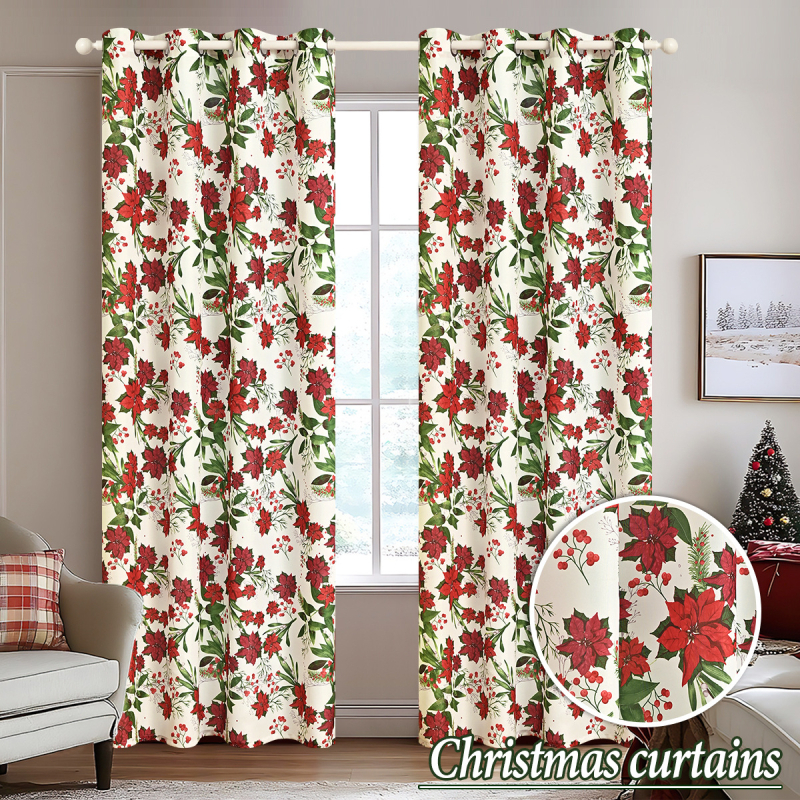 Kalėdinės spausdintos svetainės užuolaidos su perforacijomis, blackout, poliesteris, paruoštos naudoti, dalinis šešėliavimas 40–70%