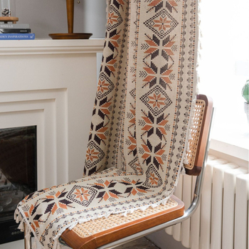 Virtuvės užuolaida su džakardo raštu ir kutais, Amerikos kaimo stilius, tinka balkono langui, 100% poliesterio medvilnės mišinys, dekoratyvinė pusiau šešėlinė