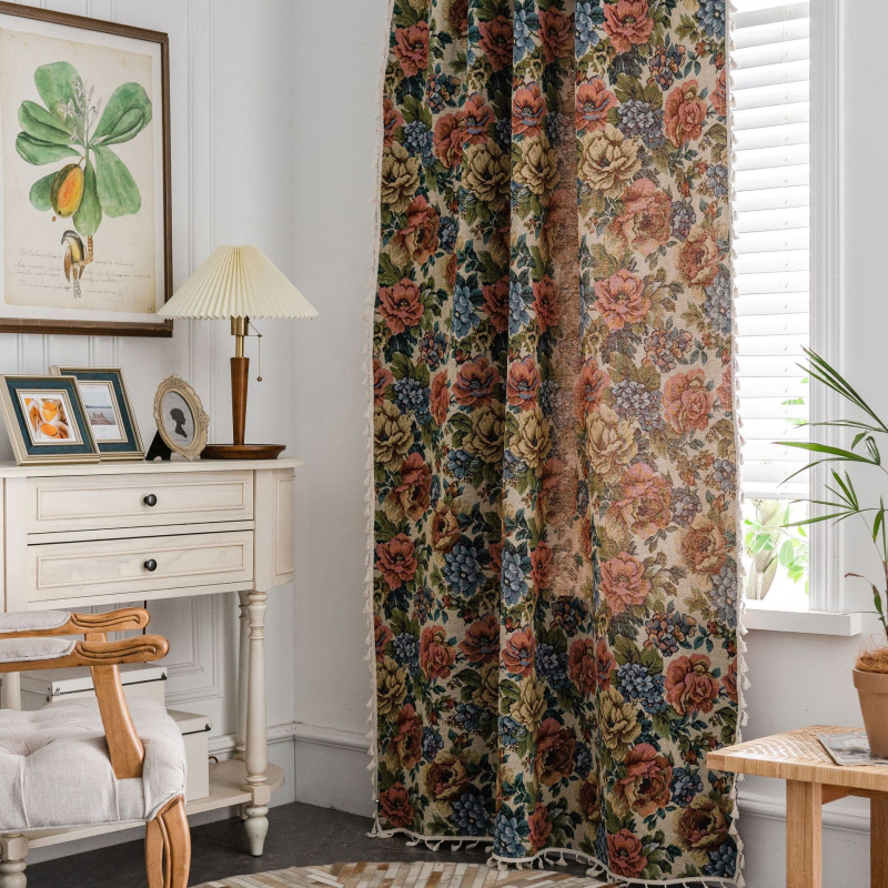 Virtuvės užuolaida su džakardo raštu ir kutais, Amerikos kaimo stilius, tinka balkono langui, 100% poliesterio medvilnės mišinys, dekoratyvinė pusiau šešėlinė