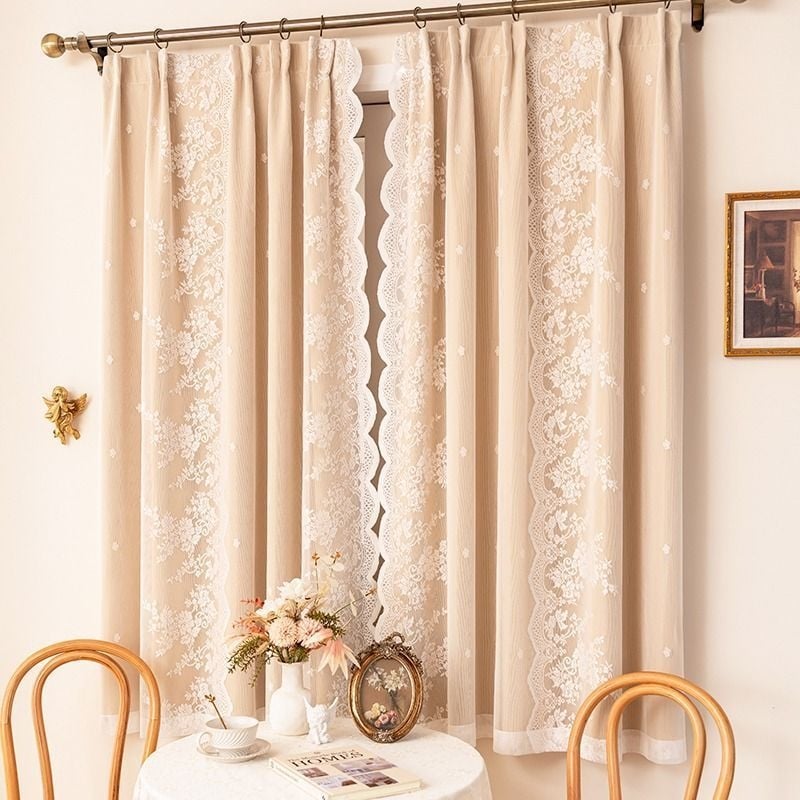 Nordiko stiliaus užuolaidos su dvigubu sluoksniu audiniu, dryžuotas raštas, poliesteris, aplikacijos siuvinėjimas