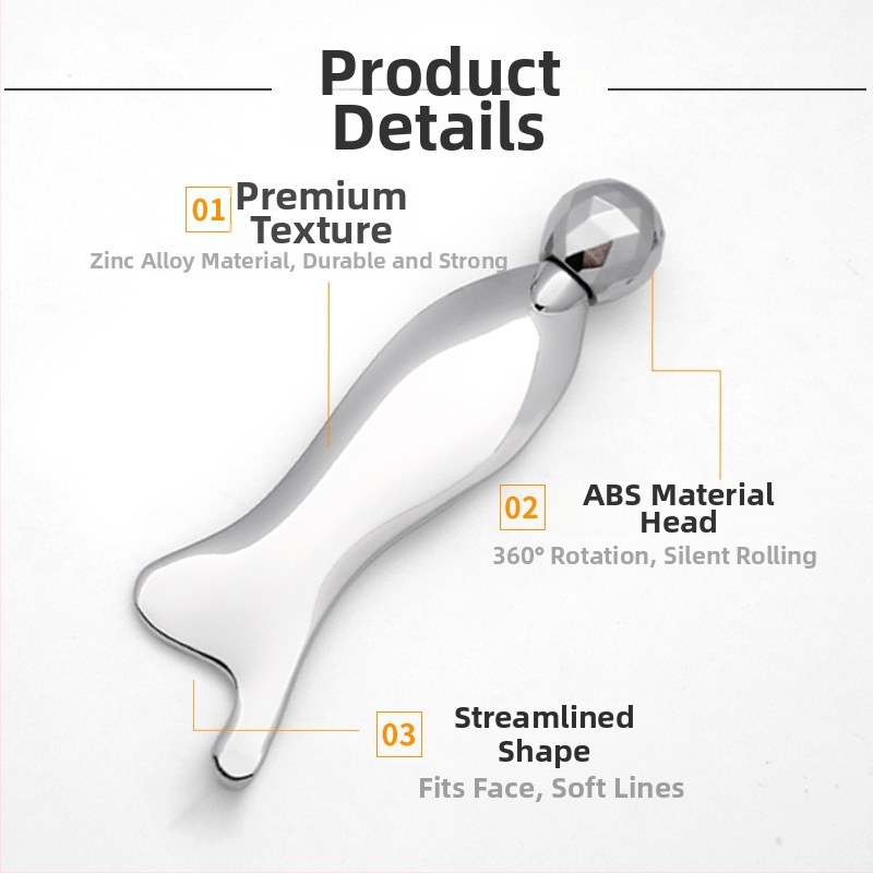 Metāla mermaid skrāpēšanas plāksne ar 3D rulīti sejas masāžai, pacēlumam un tonizēšanai; ruļļu masāžas instruments; cinka sakausējums