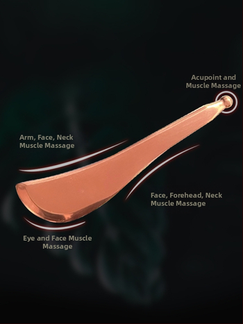 Guasha masāžas dēlis no cieta vara ar sirds formas plāksni un cīpslu stieni, pielāgojama