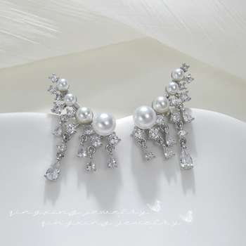 Variniai auskarai, lašinio formos su mikropavé akmenimis, Qingxing prekinis ženklas, moterims, ruduo 2024