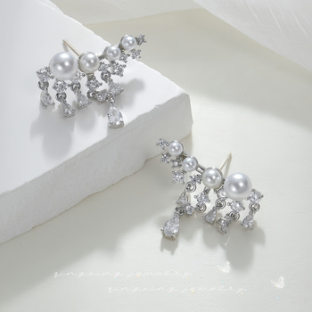 Variniai auskarai, lašinio formos su mikropavé akmenimis, Qingxing prekinis ženklas, moterims, ruduo 2024