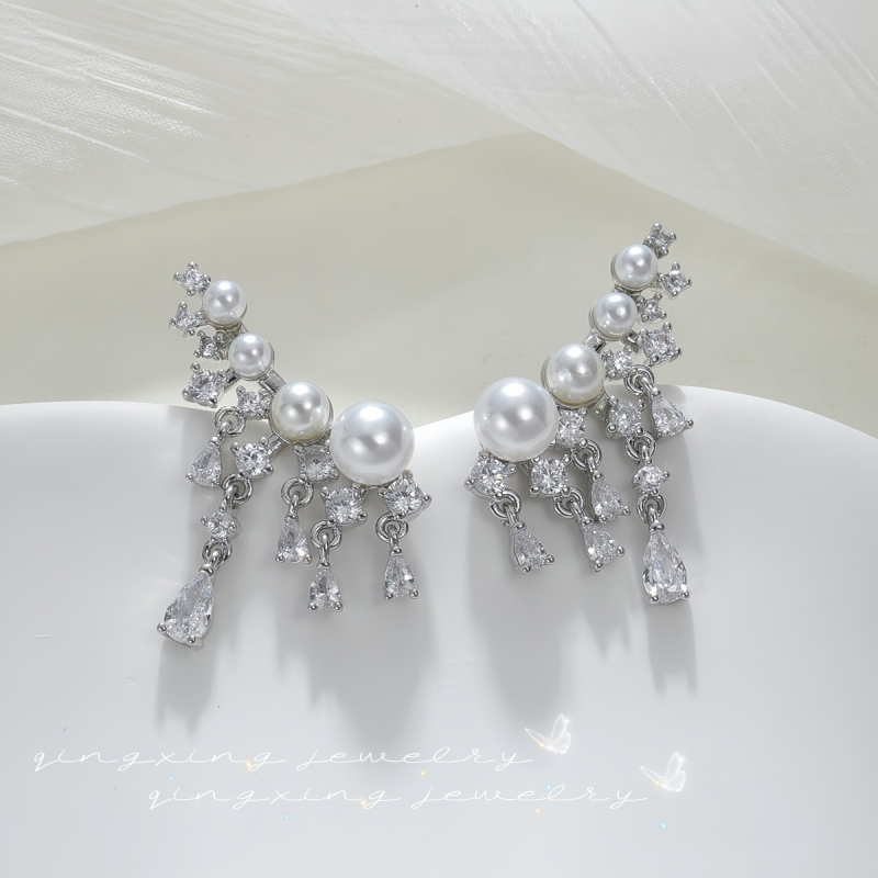 Variniai auskarai, lašinio formos su mikropavé akmenimis, Qingxing prekinis ženklas, moterims, ruduo 2024