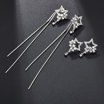 Auskarai su kutelėmis ir žvaigždės motyvu, cirkonas, elektroplatinavimas, Qingxing WE1037, moterims