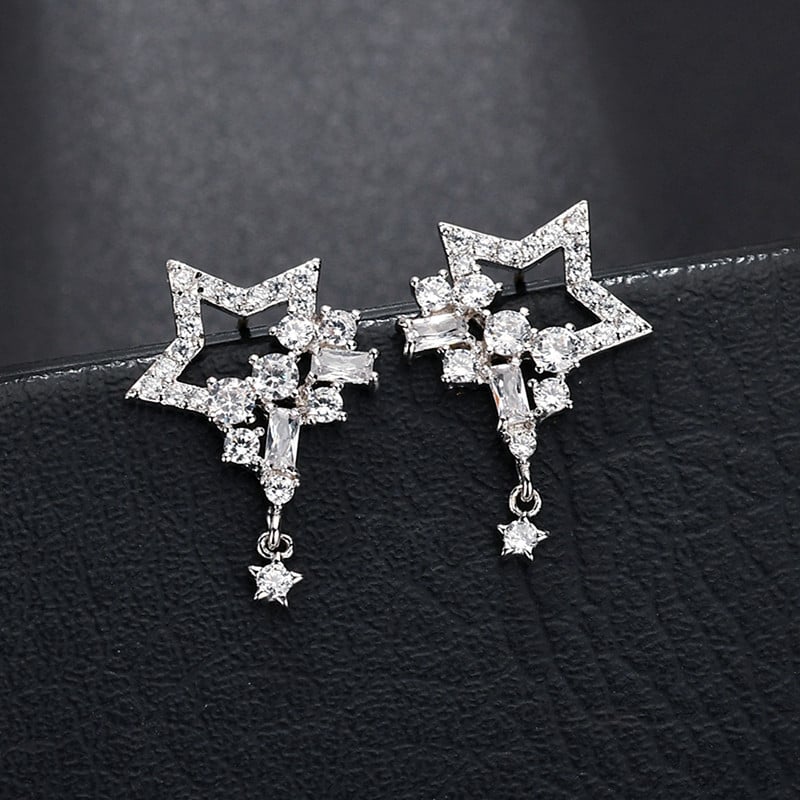 Auskarai su kutelėmis ir žvaigždės motyvu, cirkonas, elektroplatinavimas, Qingxing WE1037, moterims