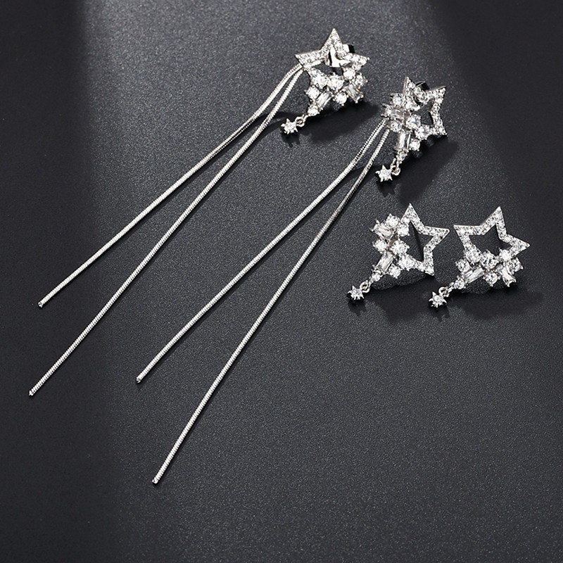 Auskarai su kutelėmis ir žvaigždės motyvu, cirkonas, elektroplatinavimas, Qingxing WE1037, moterims