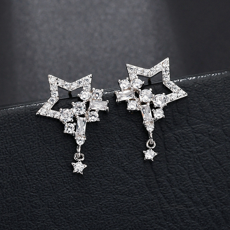 Auskarai su kutelėmis ir žvaigždės motyvu, cirkonas, elektroplatinavimas, Qingxing WE1037, moterims