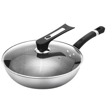 Nerūdijančio plieno wokas su viena rankena, vienu dugnu, stiklo įklijuotu dangčiu