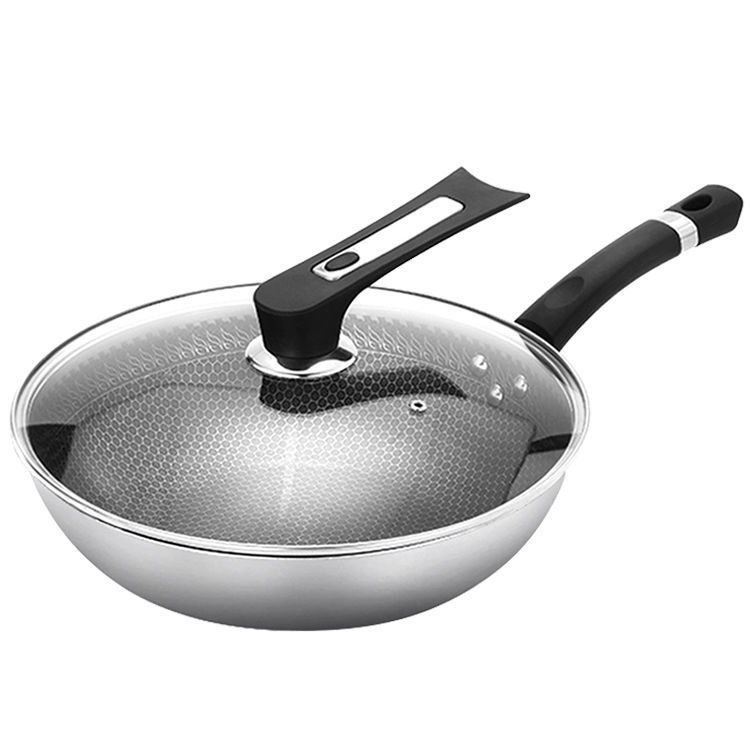 Nerūdijančio plieno wokas su viena rankena, vienu dugnu, stiklo įklijuotu dangčiu