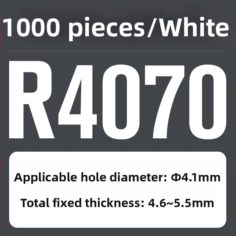 R tipo nailon kniedė su plastiniu išplėtimu ir plastine sagtimi; Medžiaga: Nailonas PA-66; Standartas: Nacionalinis standartas; Skylės tipas: kniedės