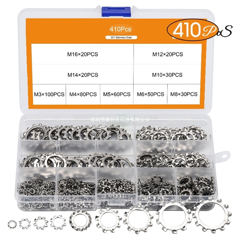 Набор шайби 410 бр., неръждаема стомана 304, външнозъбни шайби за заключване, плоски шайби, уплътнителни шайби, ограничителни шайби, клас A, национален стандарт