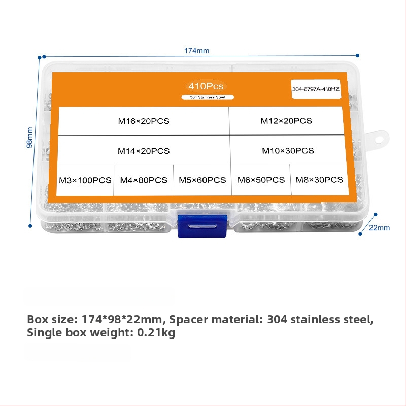 410 vnt. Nerūdijančio plieno 304, išoriniai dantų užspaudimo žnyplės, plokščiosios podložės, tarpinės sandarikliams, stabdomosios podložės, Klasė A, Nacionalinis standartas