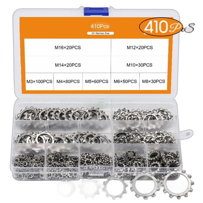 Набор шайби 410 бр., неръждаема стомана 304, външнозъбни шайби за заключване, плоски шайби, уплътнителни шайби, ограничителни шайби, клас A, национален стандарт