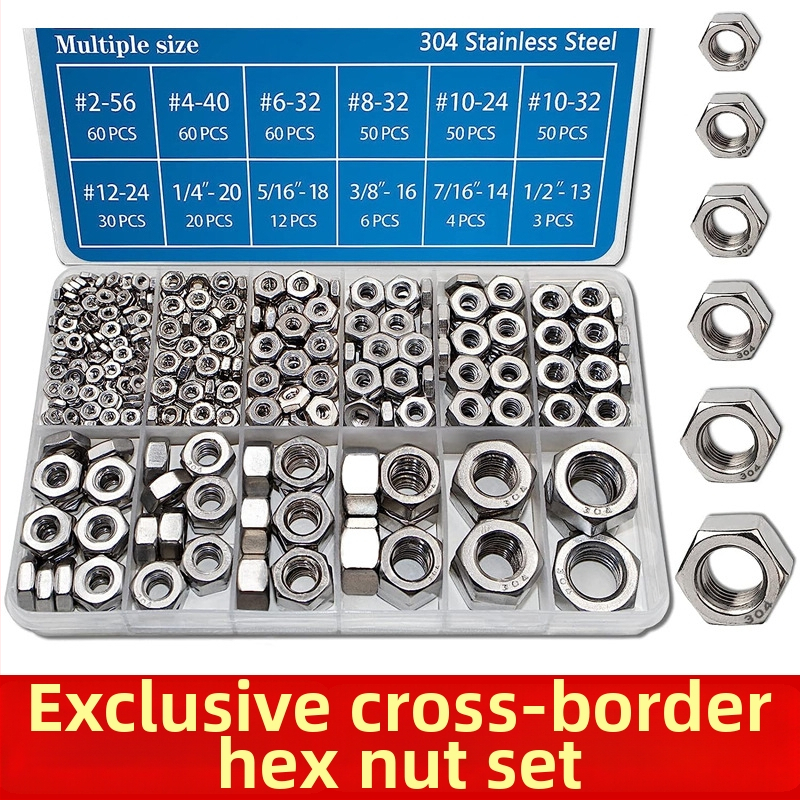 Šešiakampių veržlių rinkinys dėžutėje, 405 vnt, 304 nerūdijantis plienas, DIN 934, A2-70