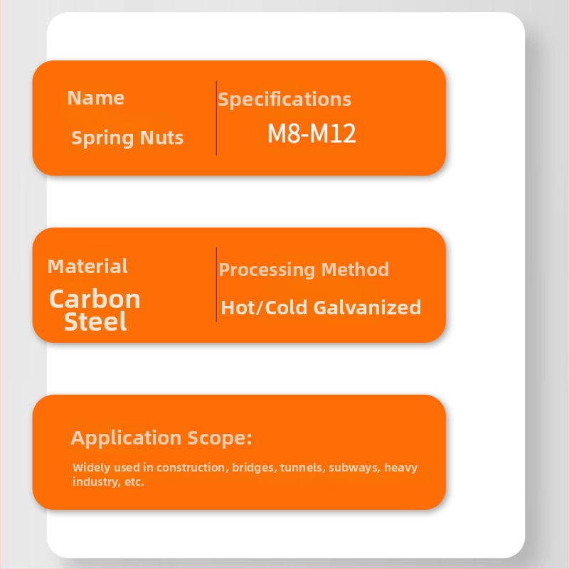 Galvanizēta atspergrieža C-veida tērauda komponentam — taisnstūrveida lentes uzgriežņa, pret atbrīvošanos, Zīmols Building, Standarts JIS B1185-6-2010, Pārklājums: galvanizēts, Klase B, Izturība 4.8