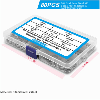 80 vnt. iš nerūdijančio plieno 304 išorinių šešiakampių varžtų rinkinys su plokščiomis tarpinėmis, spyruoklinėmis tarpinėmis ir veržlėmis DIN 933