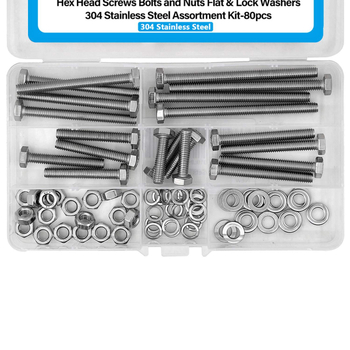 80 vnt. iš nerūdijančio plieno 304 išorinių šešiakampių varžtų rinkinys su plokščiomis tarpinėmis, spyruoklinėmis tarpinėmis ir veržlėmis DIN 933