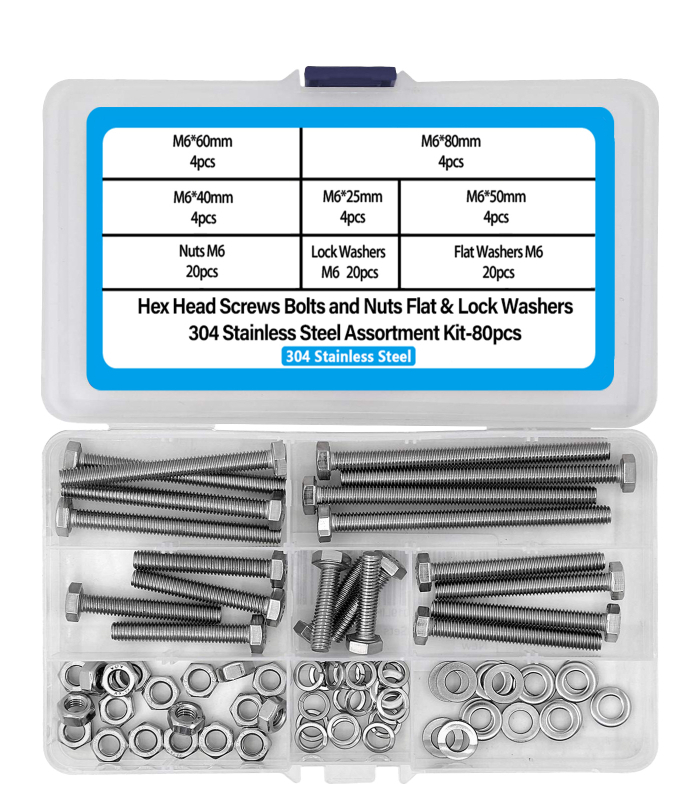 80 vnt. iš nerūdijančio plieno 304 išorinių šešiakampių varžtų rinkinys su plokščiomis tarpinėmis, spyruoklinėmis tarpinėmis ir veržlėmis DIN 933