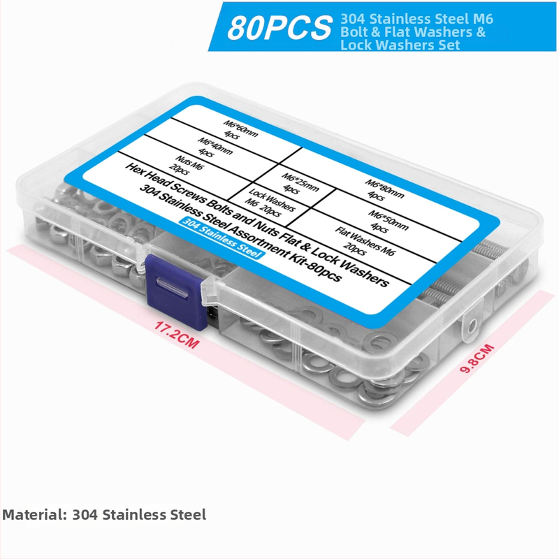 80 gab Nerūsējošā tērauda 304 ārējās sešstūra skrūves komplekts ar plakajām uzmavām, atsperu uzmavām un DIN 933 pamatnolicēm