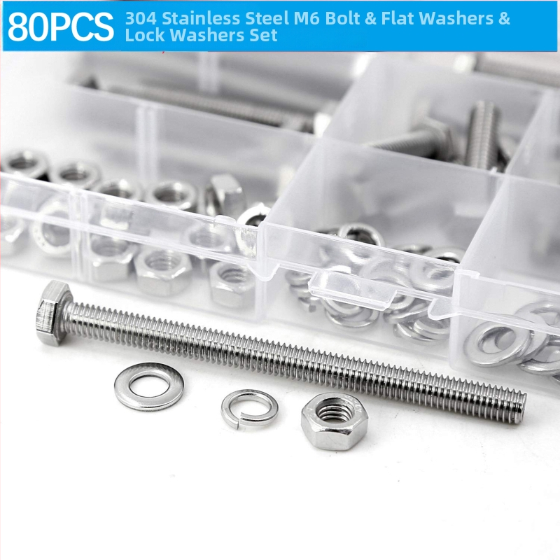 80 gab Nerūsējošā tērauda 304 ārējās sešstūra skrūves komplekts ar plakajām uzmavām, atsperu uzmavām un DIN 933 pamatnolicēm