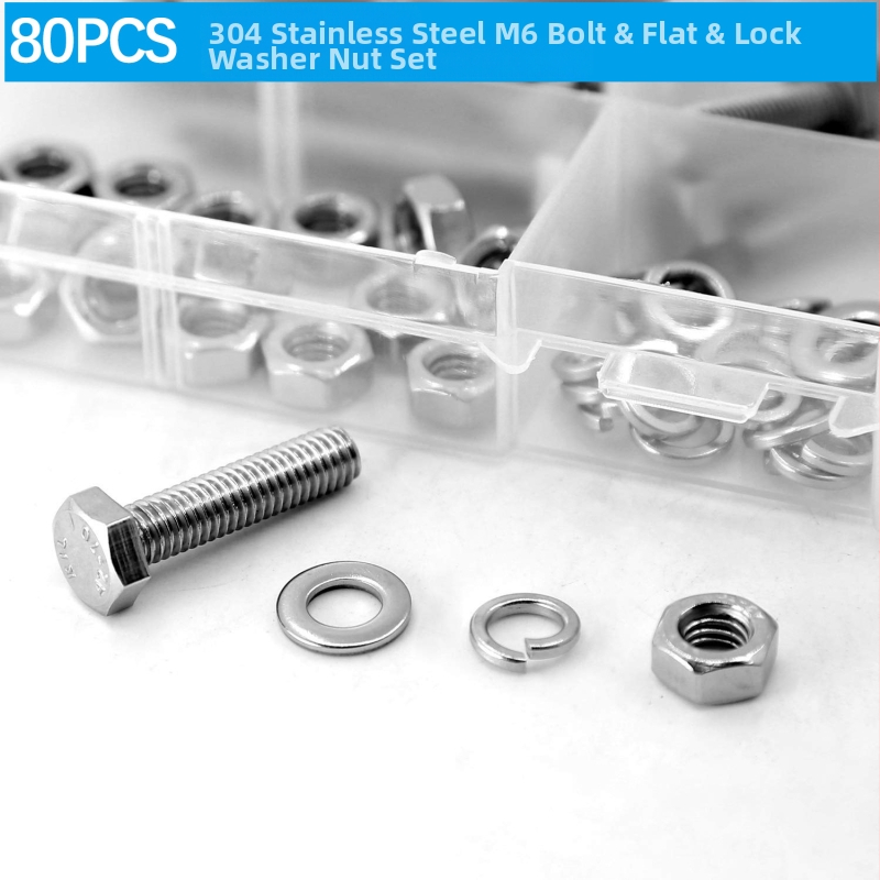 80 gab Nerūsējošā tērauda 304 ārējās sešstūra skrūves komplekts ar plakajām uzmavām, atsperu uzmavām un DIN 933 pamatnolicēm