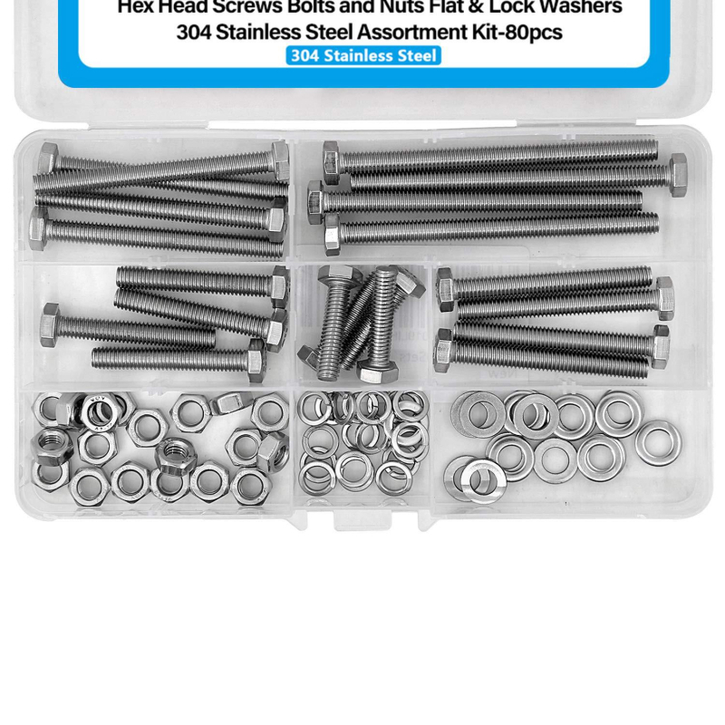 80 vnt. iš nerūdijančio plieno 304 išorinių šešiakampių varžtų rinkinys su plokščiomis tarpinėmis, spyruoklinėmis tarpinėmis ir veržlėmis DIN 933