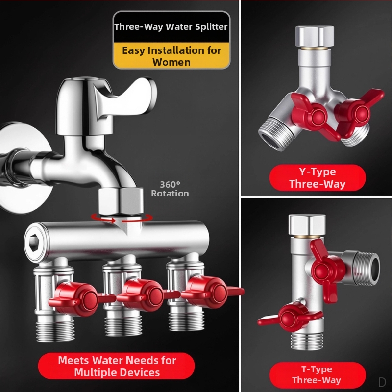 Vstavaný do steny trojcestný guľový ventil s rozdeľovačom pre práčku, zliatina, vypaľovaný povrch, 4-portové pripojenie