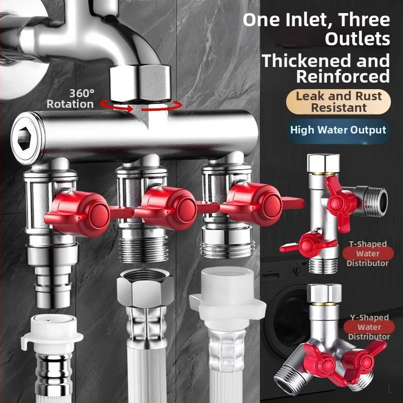 Vstavaný do steny trojcestný guľový ventil s rozdeľovačom pre práčku, zliatina, vypaľovaný povrch, 4-portové pripojenie