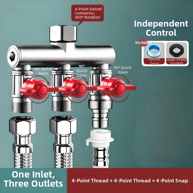 Vstavaný do steny trojcestný guľový ventil s rozdeľovačom pre práčku, zliatina, vypaľovaný povrch, 4-portové pripojenie
