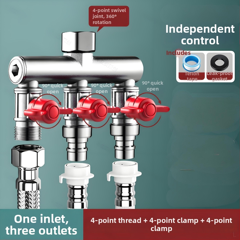Vstavaný do steny trojcestný guľový ventil s rozdeľovačom pre práčku, zliatina, vypaľovaný povrch, 4-portové pripojenie