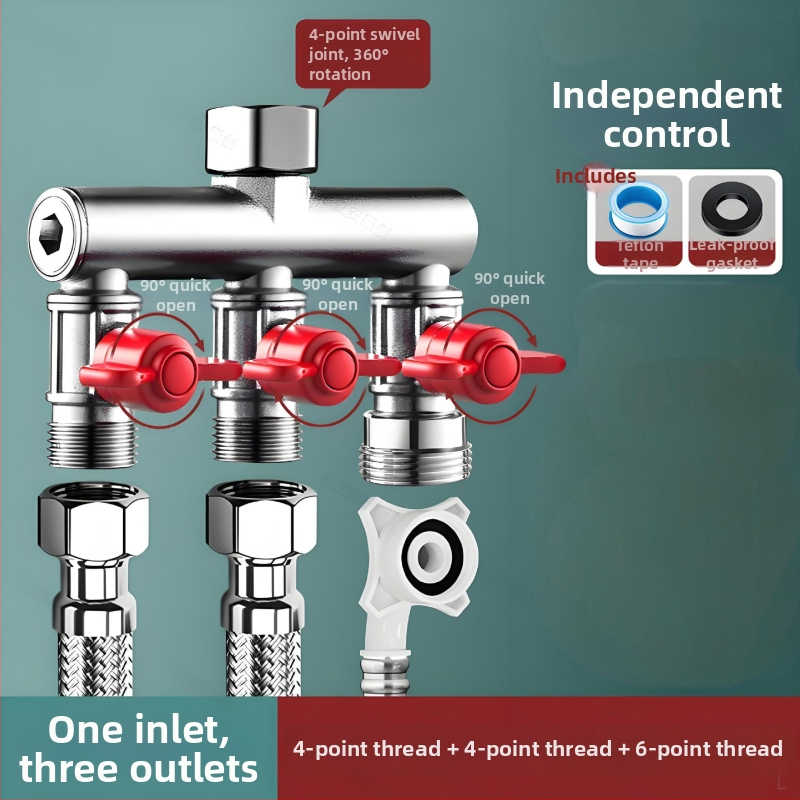 Vstavaný do steny trojcestný guľový ventil s rozdeľovačom pre práčku, zliatina, vypaľovaný povrch, 4-portové pripojenie