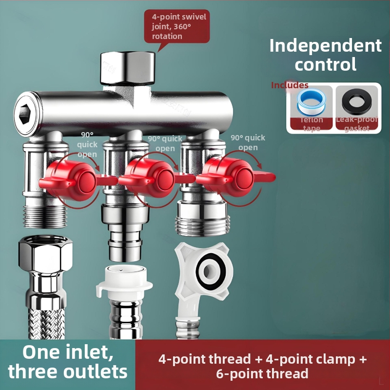 Vstavaný do steny trojcestný guľový ventil s rozdeľovačom pre práčku, zliatina, vypaľovaný povrch, 4-portové pripojenie