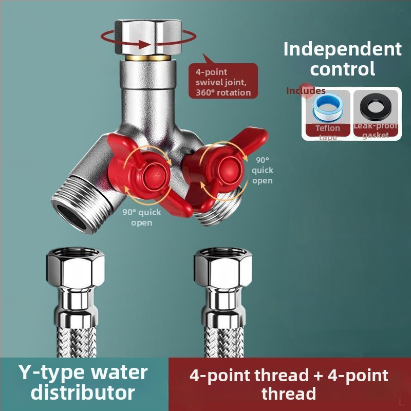 Vstavaný do steny trojcestný guľový ventil s rozdeľovačom pre práčku, zliatina, vypaľovaný povrch, 4-portové pripojenie
