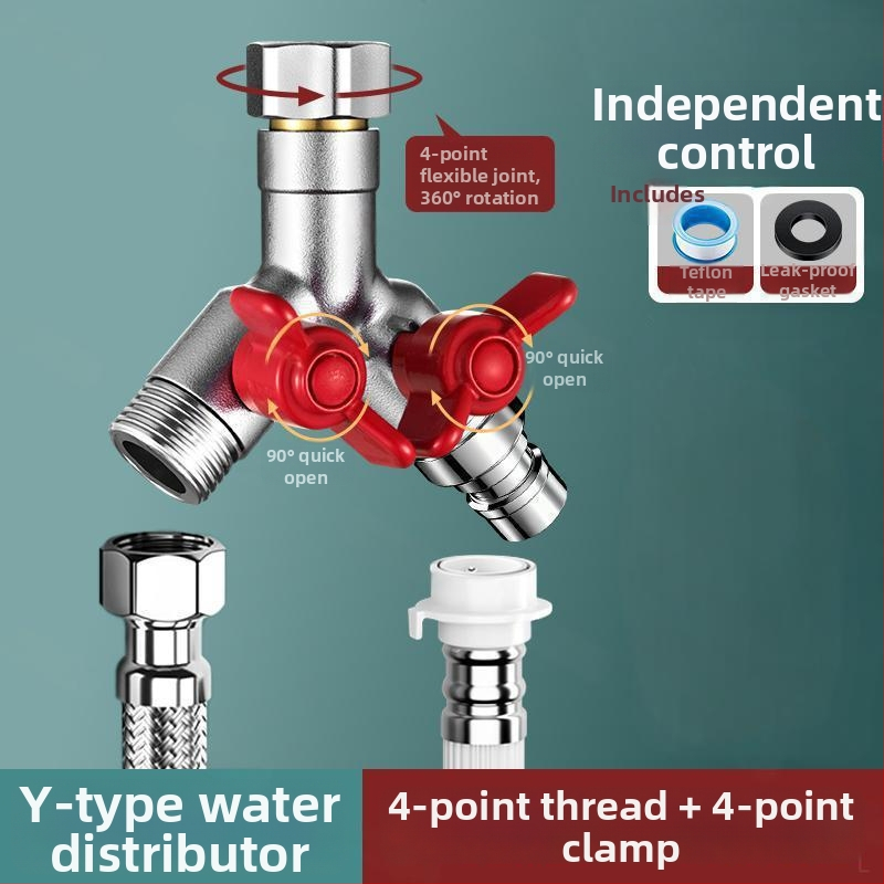 Vstavaný do steny trojcestný guľový ventil s rozdeľovačom pre práčku, zliatina, vypaľovaný povrch, 4-portové pripojenie