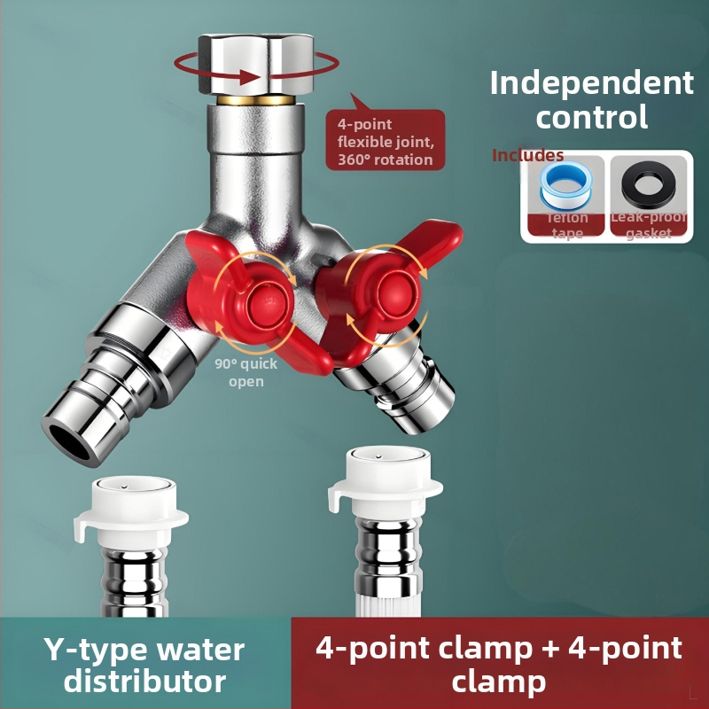 Vstavaný do steny trojcestný guľový ventil s rozdeľovačom pre práčku, zliatina, vypaľovaný povrch, 4-portové pripojenie