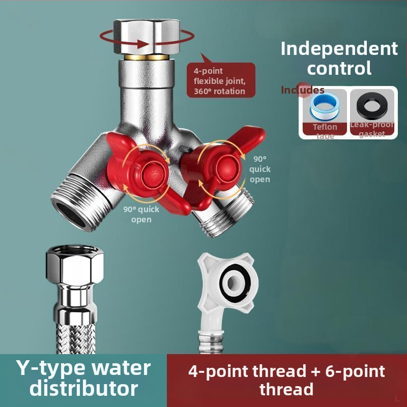 Vstavaný do steny trojcestný guľový ventil s rozdeľovačom pre práčku, zliatina, vypaľovaný povrch, 4-portové pripojenie
