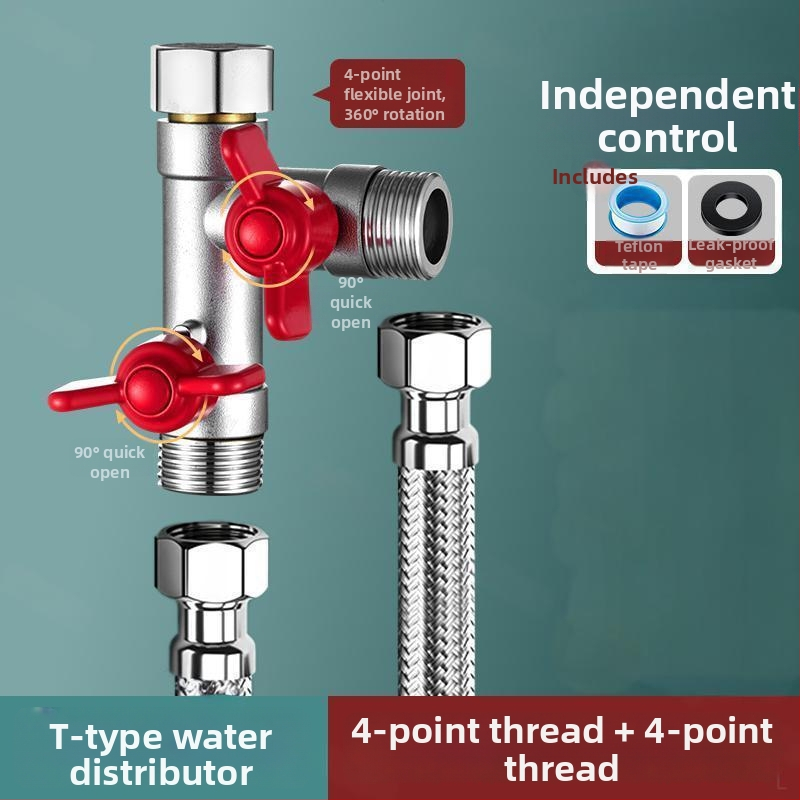 Vstavaný do steny trojcestný guľový ventil s rozdeľovačom pre práčku, zliatina, vypaľovaný povrch, 4-portové pripojenie