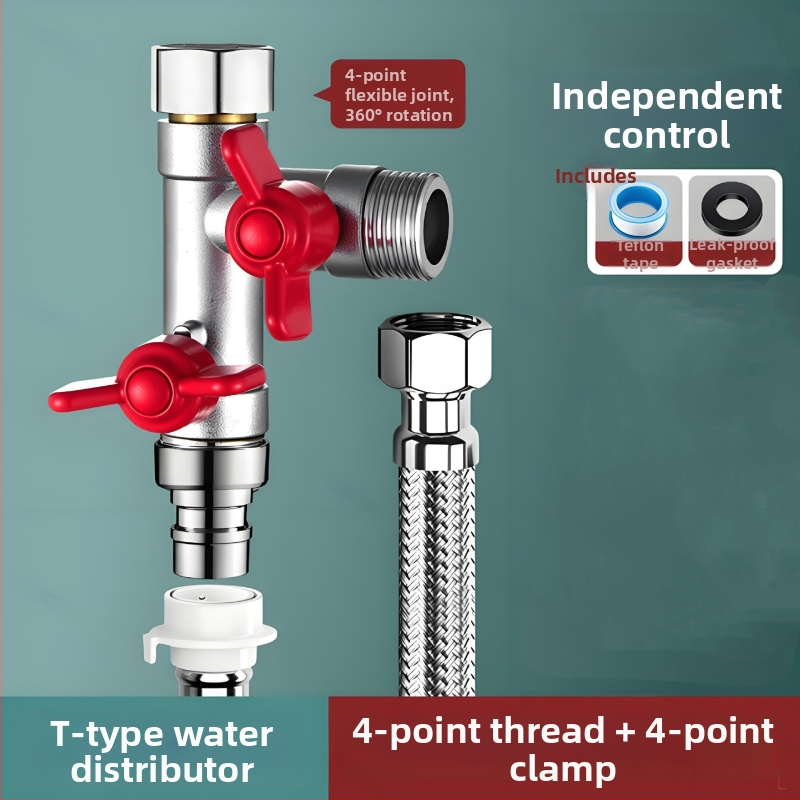 Vstavaný do steny trojcestný guľový ventil s rozdeľovačom pre práčku, zliatina, vypaľovaný povrch, 4-portové pripojenie