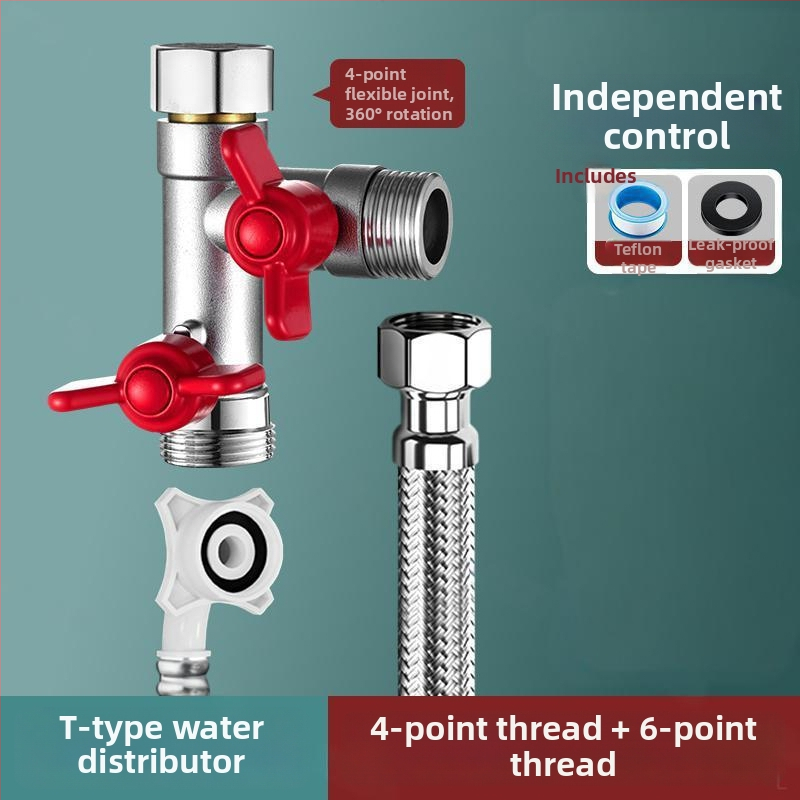 Vstavaný do steny trojcestný guľový ventil s rozdeľovačom pre práčku, zliatina, vypaľovaný povrch, 4-portové pripojenie