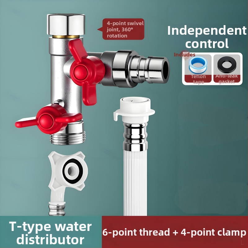 Vstavaný do steny trojcestný guľový ventil s rozdeľovačom pre práčku, zliatina, vypaľovaný povrch, 4-portové pripojenie