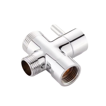 Меден душ воден разделител с ъглов кран, тройник с вход 1/2in и два изхода 3/4in; ръчна инсталация, адаптери 1/2in–3/4in, работна температура 0–100°C.