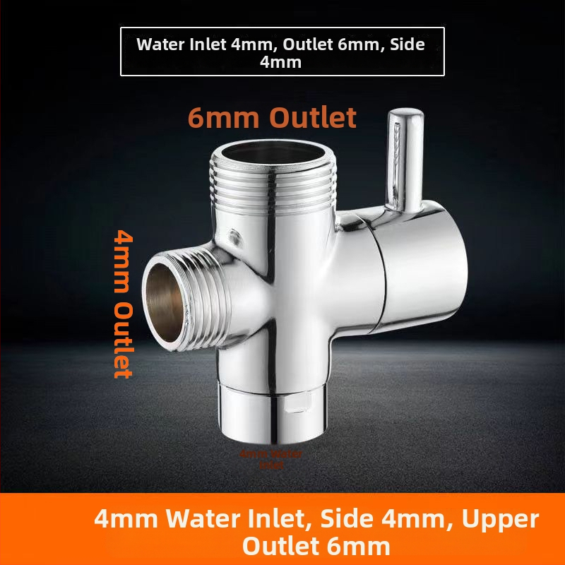 Меден душ воден разделител с ъглов кран, тройник с вход 1/2in и два изхода 3/4in; ръчна инсталация, адаптери 1/2in–3/4in, работна температура 0–100°C.