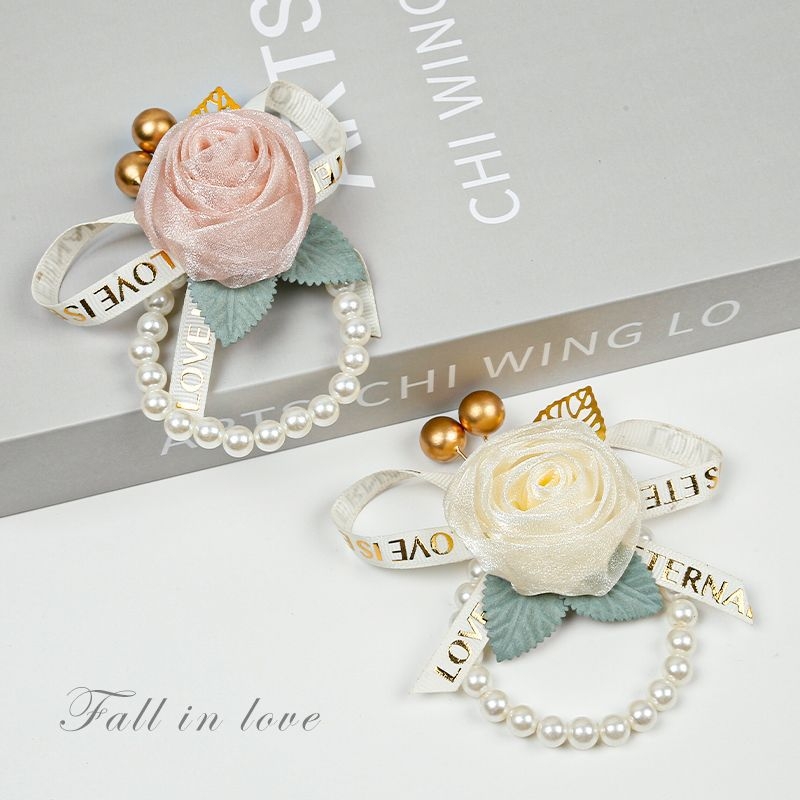 Корейски стил сватбен корсаж с перли, гривна за шаферка и цвете за ръката на булката