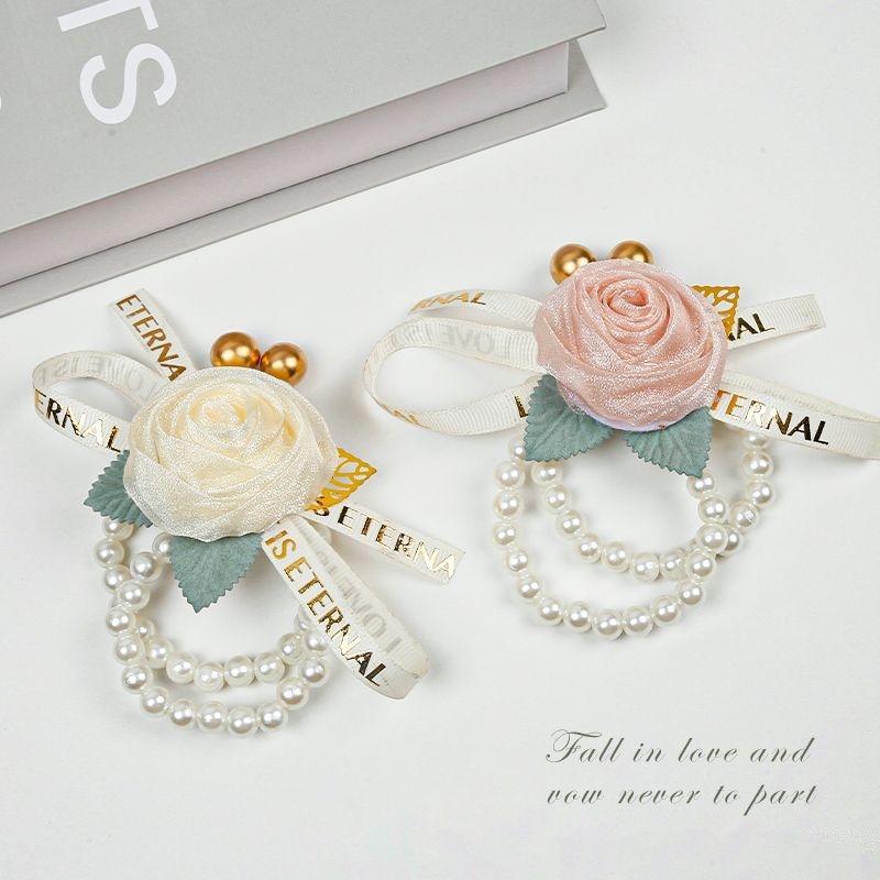 Корейски стил сватбен корсаж с перли, гривна за шаферка и цвете за ръката на булката