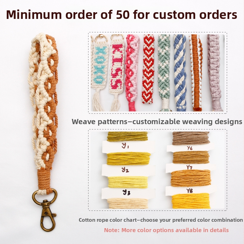 Rankų austas riešo raktų pakabukas, Mr. Huang prekės ženklas, medvilnė ir linas, ramunėlių žiedo motyvas, originalus dizainas, aukštos klasės stilius