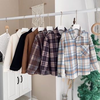 Dječja košulja od corduroya s dugim rukavima, ovratnik tip lapel, za dječake 3–8 godina, uzorci pruge/ grid/ jednobojna, Korejski stil, mekan materijal